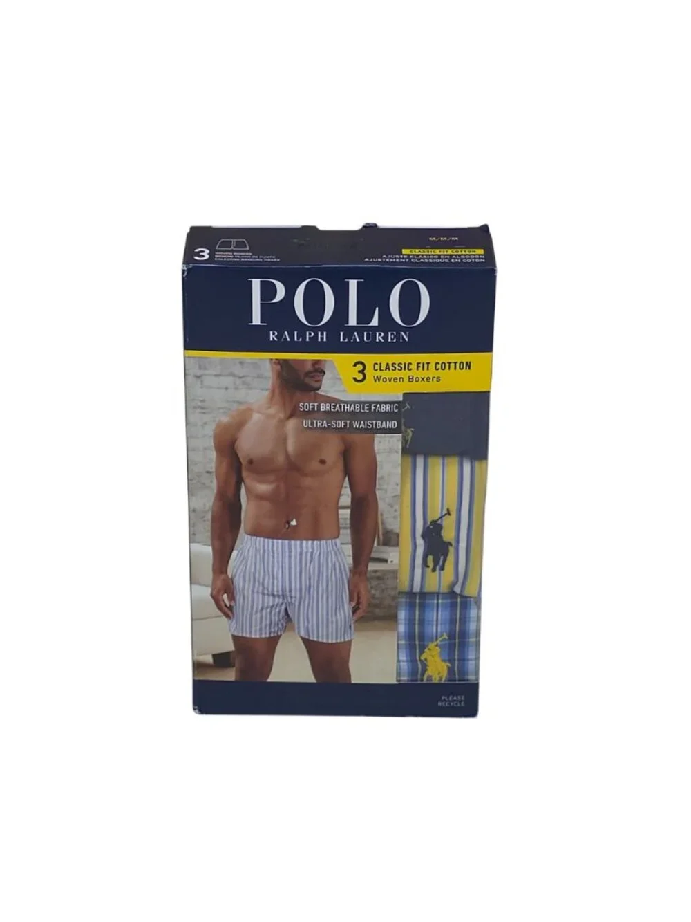 Polo Ralph Lauren 3-Pack Classic Fit Cotton Woven Boxers Mens Medium Navy Yellow